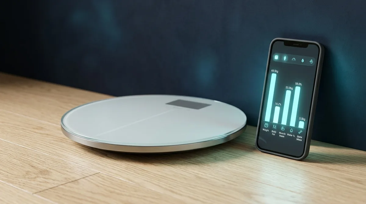スマート体組成計と計測グラフを表示したスマートフォン