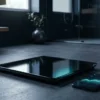 洗面所のスマート体重計と体重グラフを表示したスマートフォン