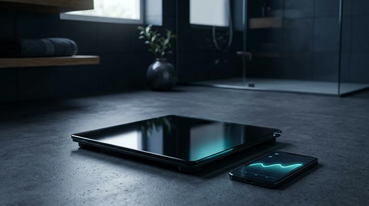 洗面所のスマート体重計と体重グラフを表示したスマートフォン