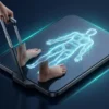 ハンドル付きスマート体重計の上で、腕・脚・胴体が部位別に光る人体シルエットのイメージ