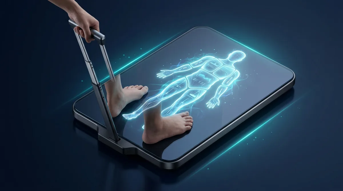 ハンドル付きスマート体重計の上で、腕・脚・胴体が部位別に光る人体シルエットのイメージ