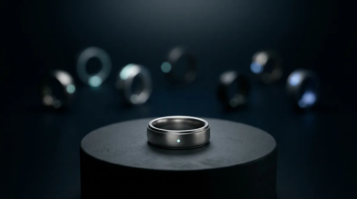 台座の上に置かれたチタン製スマートリングと、背景にぼやけて並ぶ複数のスマートリング（Galaxy Ring 販売終了と代替機のイメージ）